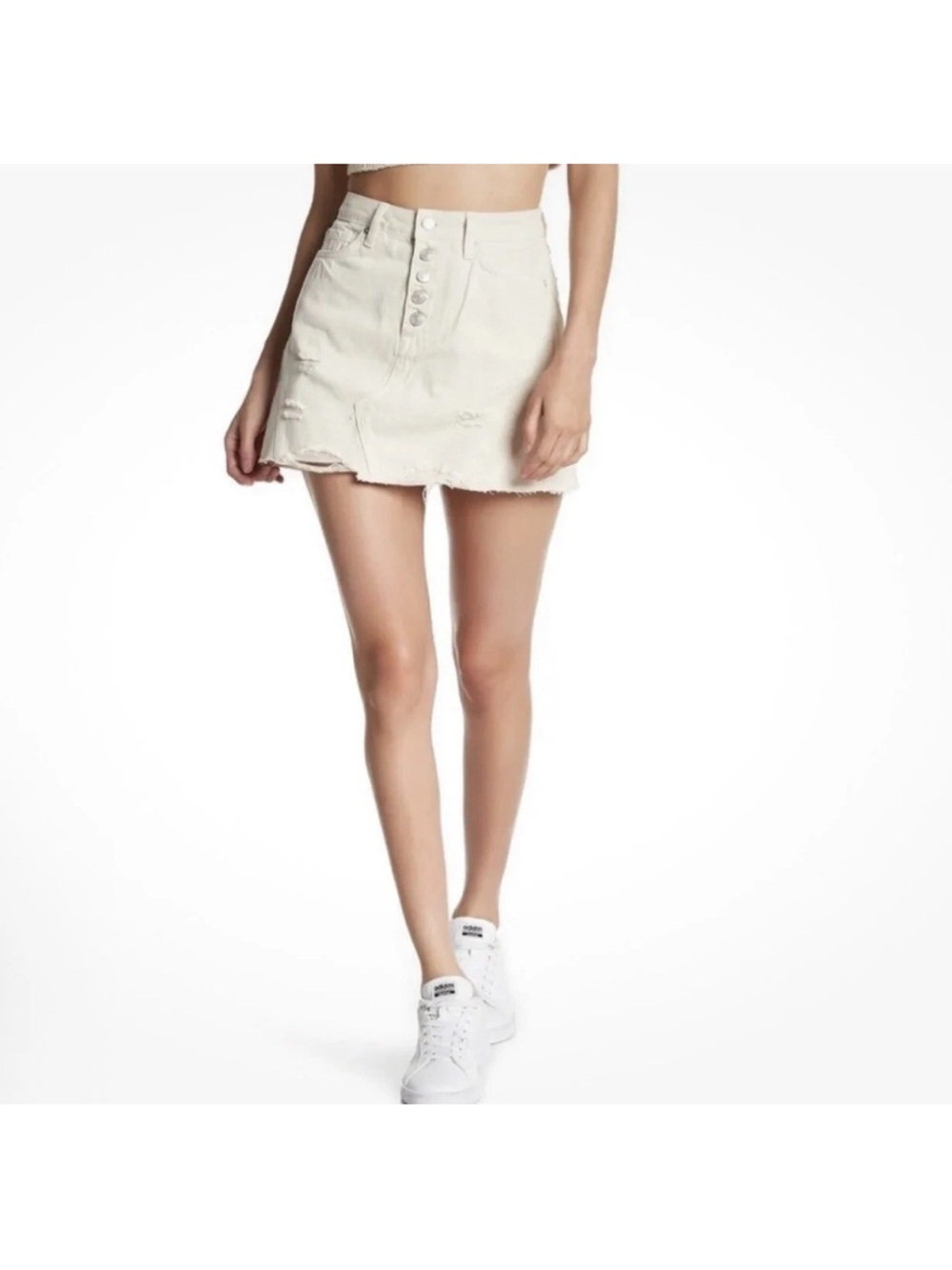 We The Free Cream Distressed Button Mini Skirt